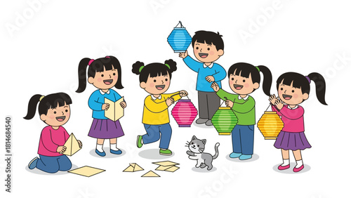 Joyful Lantern Festival: A group of children joyfully participates in a lantern festival, the air alive with festive light, unity and friendship. 