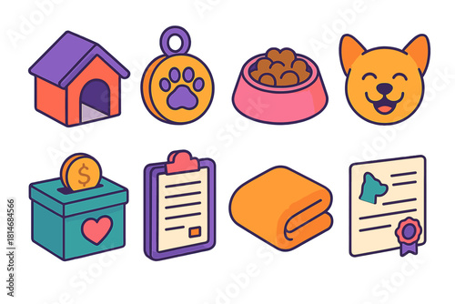 Shelter Essentials Icons. Shelter Day flat icon set: kennel, name tag, food bowl, smiling pet, donation box, clipboard, blanket, adoption certificate