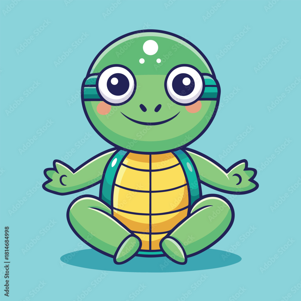 Obraz premium Adorable cartoon turtle meditating in a relaxed pose with big eyes