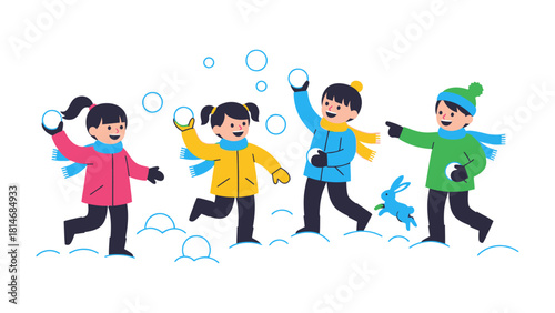 Playful Winter Fun: A group of children engage in a joyful snowball fight on a crisp winter day, showcasing the pure delight and excitement of childhood play.