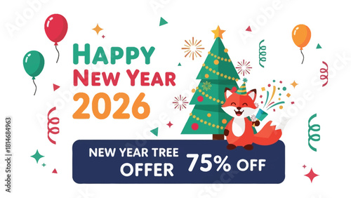 New Year's Festive Deal: A vibrant illustration showcasing a charming fox celebrating with a festive New Year's tree, surrounded by balloons and confetti, all framed by a special 75% off offer. 