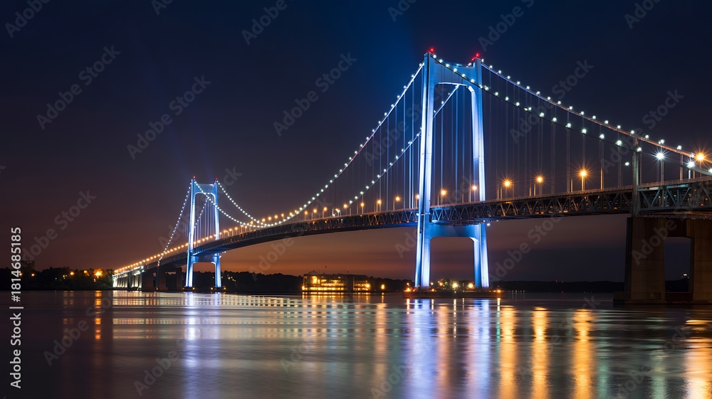 Fototapeta premium Radiant suspension bridge lights reflecting across tranquil evening waters photo