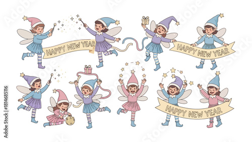 Joyful New Year Elves: Cheerful elves, adorned with whimsical attire, celebrate the New Year with joy, magic wands and festive banners. Enchanting scene filled with holiday cheer.