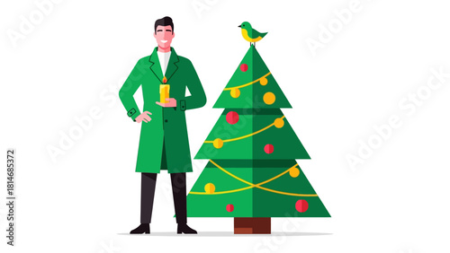 Festive Illustration: A figure of person standing next to christmas tree with a green coat, carrying a golden candle and a bright yellow bird perched atop. A scene of joyful simplicity.