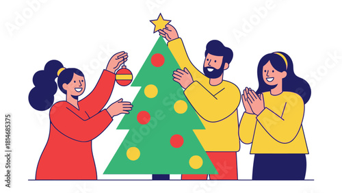 Festive Family Ornamenting a Christmas Tree: A joyous family adorns a vibrant evergreen tree with shimmering ornaments, as they celebrate the spirit of the holidays, adding a final star.