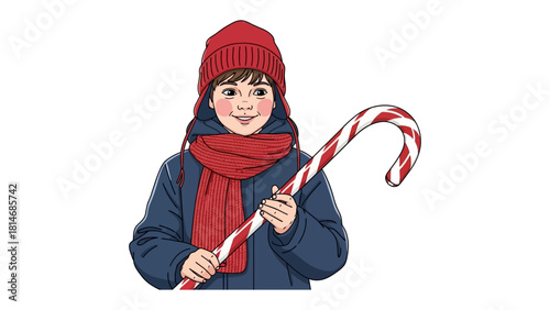 Winter Cheer: A young child radiates joy while clutching a candy cane, warmly wrapped in a hat and scarf, embodies the spirit of the season. 