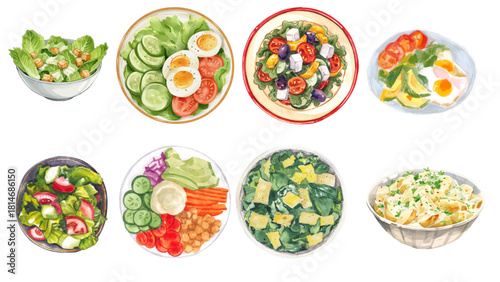 A diverse collection of watercolor illustrated tea bags, showcasing various shapes, tags, and used stains isolated on a white background