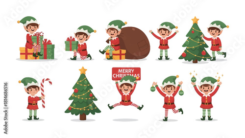 Festive Elves Merrymaking: Charming Christmas elves in vibrant attire bring holiday cheer through gift-giving, decorating, and festive celebrations.