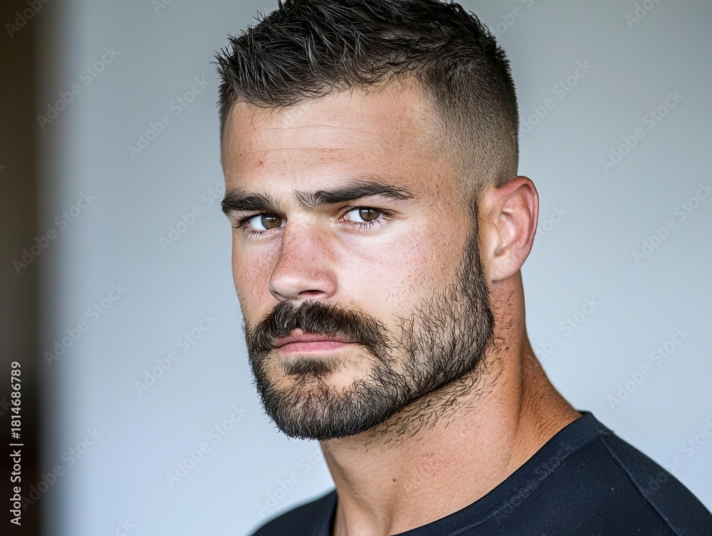 Fototapeta premium A focused young man with a stylish beard and short hair gazes confidently at the camera, showcasing determination.
