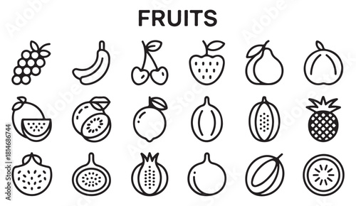 Simple fruit outline vector set for nutritional, organic, and vegan design themes