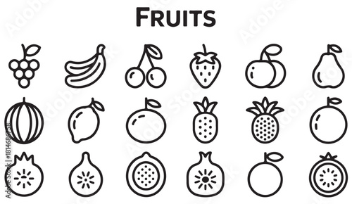 Assorted monochrome fruit icons in minimalist style for user interface and menu design
