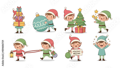 Christmas Elf Cartoon Collection: A delightful collection of cartoon elves engaged in various festive activities, each embodying the joyous spirit of the holiday season. They are preparing gifts.