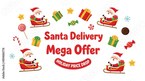 Holiday Mega Offer: Santa Claus, aboard his festive sleigh, is poised to deliver a season of joy and gifting, surrounded by shimmering stars, colorful presents and sweets.&#x20;