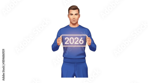Future Vision: A forward-thinking individual confidently presents the year 2026, symbolizing a glimpse into the future, anticipation, and the potential of what's to come.