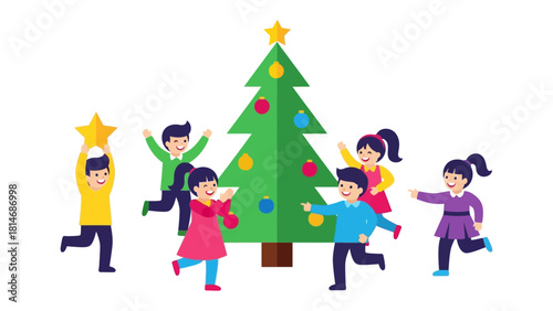 Joyful Christmas Tree Celebration: A group of children is happily gathered around a decorated Christmas tree, filled with festive ornaments and lights, enhancing the joyful atmosphere.