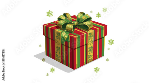 A striped red and green gift box with ornate gold ribbon and snowflakes wrapped christmas