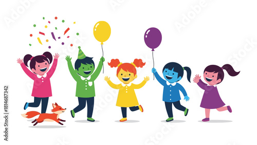 Joyful Celebration: A group of exuberant children with colorful attire revel in the excitement, a charming scene of merriment and happiness, complete with floating balloons and playful confetti.