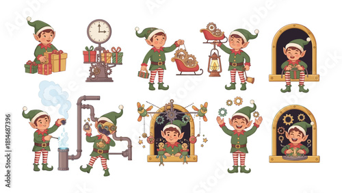 Elf's Christmas Preparations: A playful illustration depicts a variety of elves busily preparing for Christmas, including crafting, gift wrapping, and clock-checking in a cheerful, festive scene.