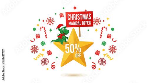 Christmas Magical Offer Illustration: Festive illustration featuring a star, adorned with festive icons, sign with magical offer in the foreground, with an adorable green dragon donning a santa hat.