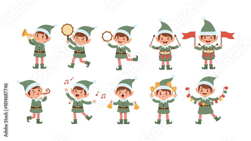 Holiday Elf Parade: A collection of cheerful holiday elves is in a spirited parade, showcasing their talents with musical instruments and festive decorations.