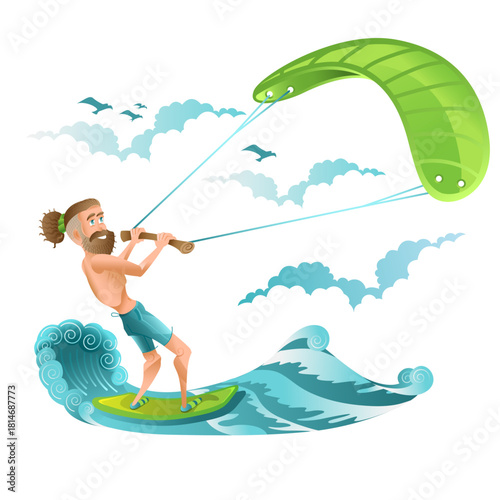 Bearded man kitesurfing vector illustration on waves in cartoon style, isolated on white.