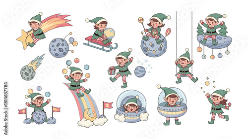 Whimsical Elf Adventures: A collection of delightful illustrations showcases playful elves engaged in enchanting activities, soaring through starry skies, and bringing cheer.