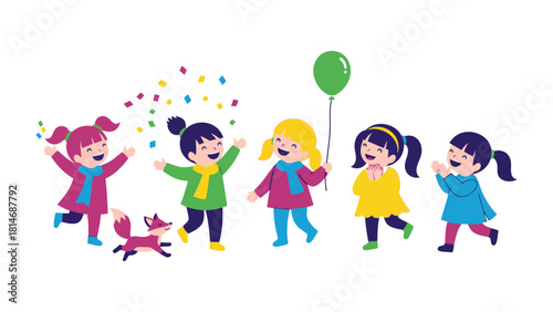 Joyful Gathering: A group of children, filled with laughter and delight, revel in a playful moment with confetti and a vibrant balloon, capturing the innocence of childhood.