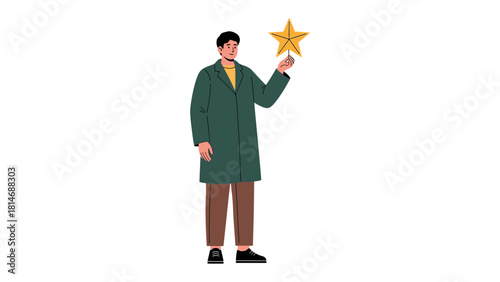 Reach for The Stars: An illustrated man, dressed in a long coat, reaches upward to hold a golden star. This image symbolizes ambition, achievement, and the pursuit of dreams.