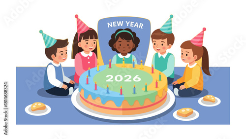 New Year's Celebration with Friends: Young friends celebrate the new year by gathering around a large, colorful cake, fostering a sense of joy and anticipation for the year 2026. 