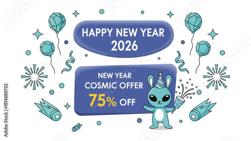 New Year Cosmic Offer: An animated illustration announces a special New Year offer with a playful alien character.
