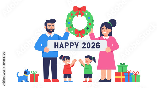 New Year Family Celebration: A cheerful family is gathered in front of a colorful decorated wreath, celebrating the year 2026 with a heartwarming message. Presents lie at the feet of the family.