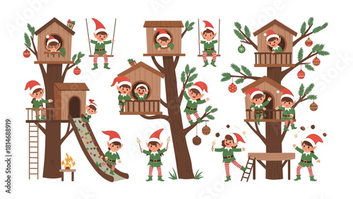 Whimsical Treehouse Elves: A playful scene filled with animated elves in Santa hats, enjoying the festive spirit amid an imaginative treehouse village.