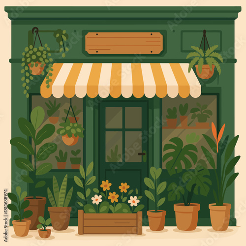 Lush Plant Shop. Lush plant shop with a green exterior and yellow-striped awning showcases a variety of potted plants and flowers. The shopfront is adorned with. Vector illustration