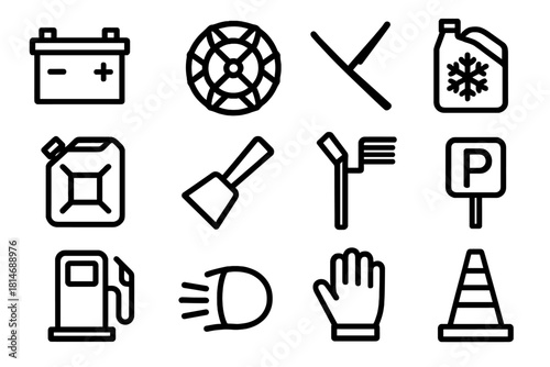 Vehicle Essentials Icons. Vehicle Care linear icon set. car battery, tire chain, windshield wiper, antifreeze bottle, fuel can, scraper, snow brush, parking sign, gas pump, light