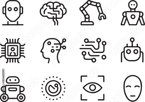 AI and Robotics Icon Set with Robots, Brains, and Face Scan artificial intelligence