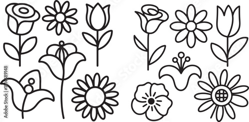 Assorted Outline Flower Icons Rose Daisy Tulip Lily Keywords: rose, daisy, tulip, lily, flower