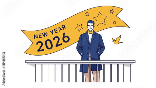 Looking Ahead to New Year 2026: A stylish man, with a contemplative air, standing in front of the banner with text New Year 2026, a symbol of hope and fresh start.