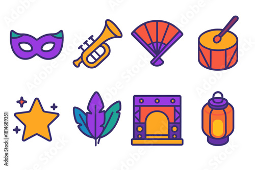 Festive Icon Set. Cultural Festivity flat icons set. carnival mask, trumpet, hand fan, drumstick, glitter star, mask feathers, music stage, glowing lantern