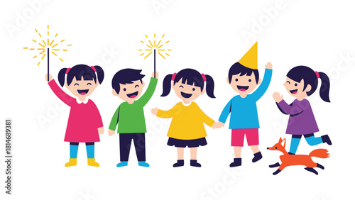 Celebration of Childhood: A group of children light up the scene with joy, their faces radiating happiness as they wave sparklers, embracing the spirit of fun and togetherness.