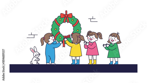 Holiday cheer: Children's joyous moment crafting a vibrant wreath. A scene of festive spirit, where each touch brings joy and holiday happiness.