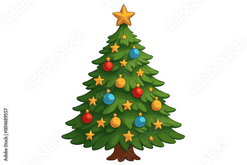 Festive Christmas Tree. Green Christmas tree adorned with golden stars and colorful baubles, standing tall and majestic. The tree is lush and richly detailed,. Vector illustration