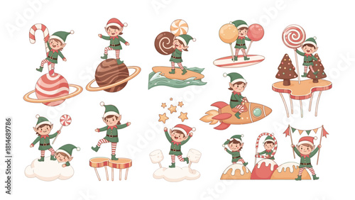 Whimsical Holiday Elf Collection: A vibrant collection of delightful elves joyfully interacting with festive holiday elements, ideal for spreading cheer and merriment.