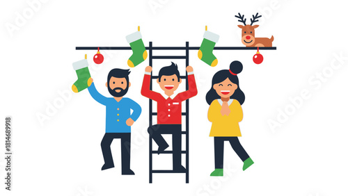 Holiday Cheer: A group of individuals exuberantly decorates for the holiday, stringing up festive stockings and ornaments with infectious glee.