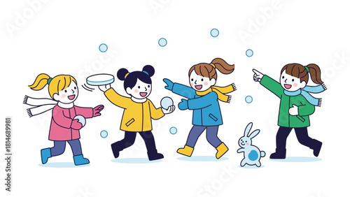 Joyful Winter's Day: A vibrant illustration captures the pure joy of childhood, as four children engage in a playful snowball fight, embodying the spirit of winter fun. 