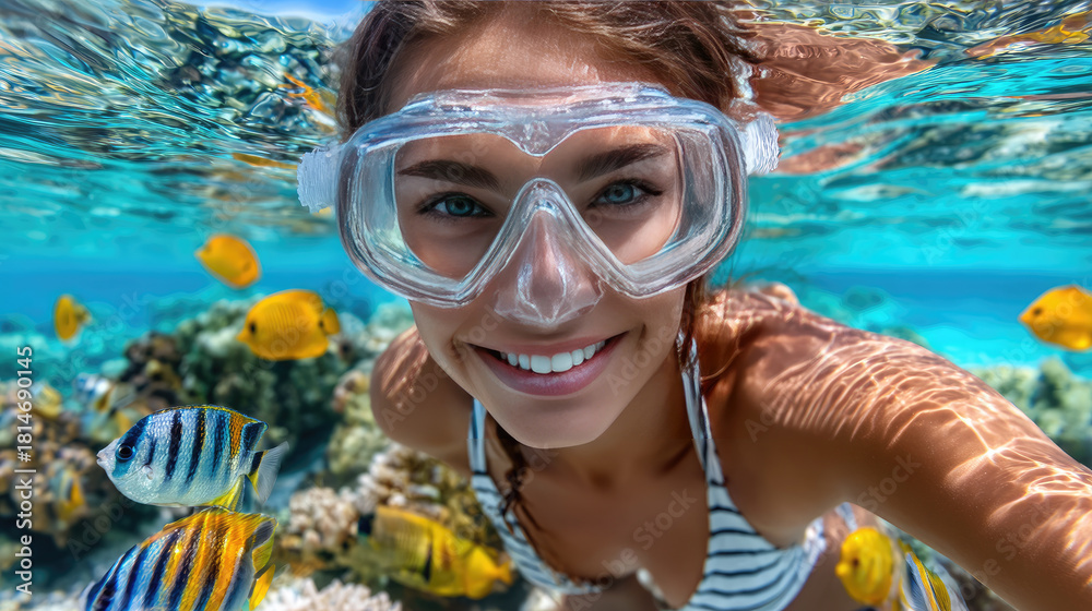 Naklejka premium happy girl snorkeling in a transparent ocean watching colorful fish, copy space
