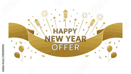 New Year Offer Banner: Celebrate the start of a new year with an exciting offer, showcasing fireworks, balloons, and a festive banner.