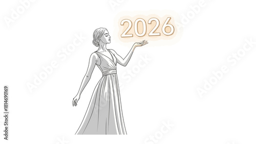 Vision for 2026: A woman in a graceful gown holds the numerical year 2026, a vision for the future. The image is an artistic portrayal, combining elegant lines with an aura of anticipation.