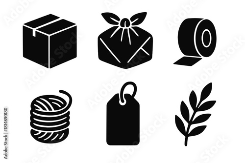 Bold Eco Packaging Icons. Sustainable Packaging silhouette icon set: cardboard box, fabric wrap, paper tape, jute string, tag, sprig