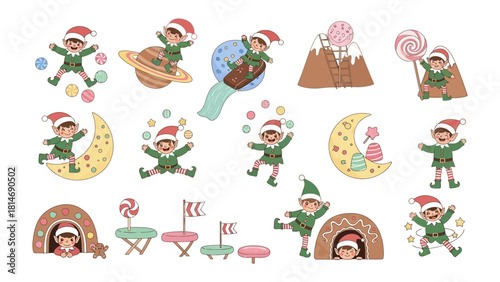Whimsical Elves: A collection of delightful illustrated elves in various playful scenarios, exuding festive charm, perfect for holiday-themed design.