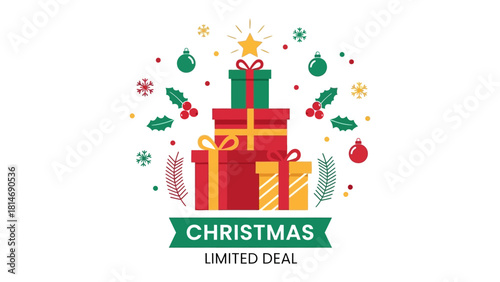 Christmas Limited Deal: Stacked gift boxes, adorned with festive embellishments, serve as a centerpiece for a limited-time Christmas promotion, all against a clean backdrop.